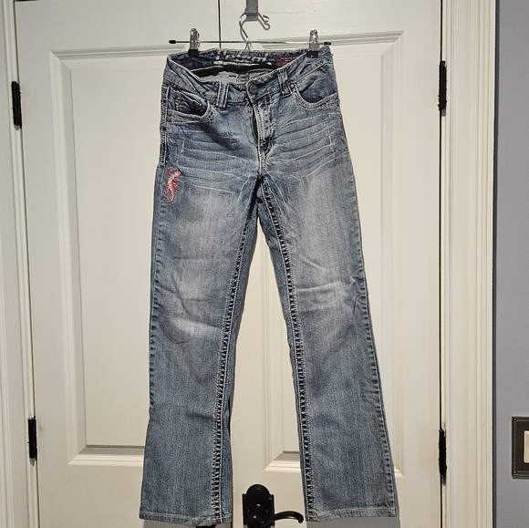 Petrol bootcut jeans with embroidered pink flowers skull and lizard size 28 - Picture 6 of 10